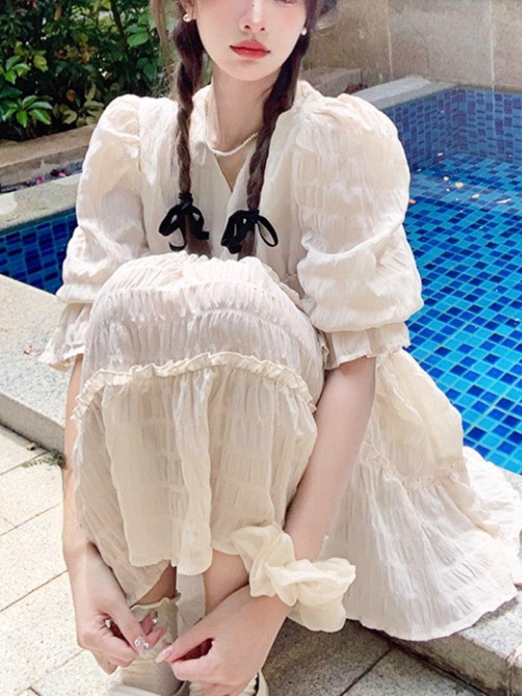 V-Neck Casual Solid Kawaii Lolita Dress Party Women One Piece Dress Korean French Style Elegant Y2k Mini Dress Beach Summer 2023