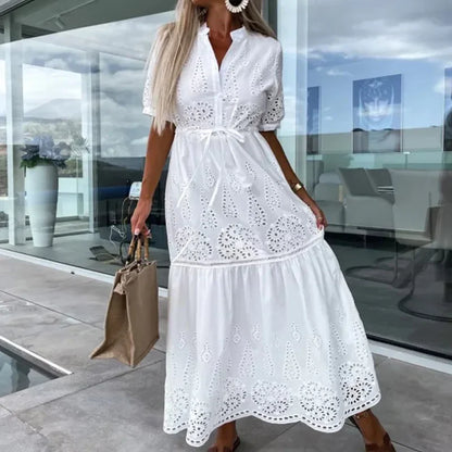 vmtvr Summer New Elegant Lace Embroidery Stitch Pleated Dresses Womem Stand Collar Button-up Party Dress Hollow Formal Female Vestidos