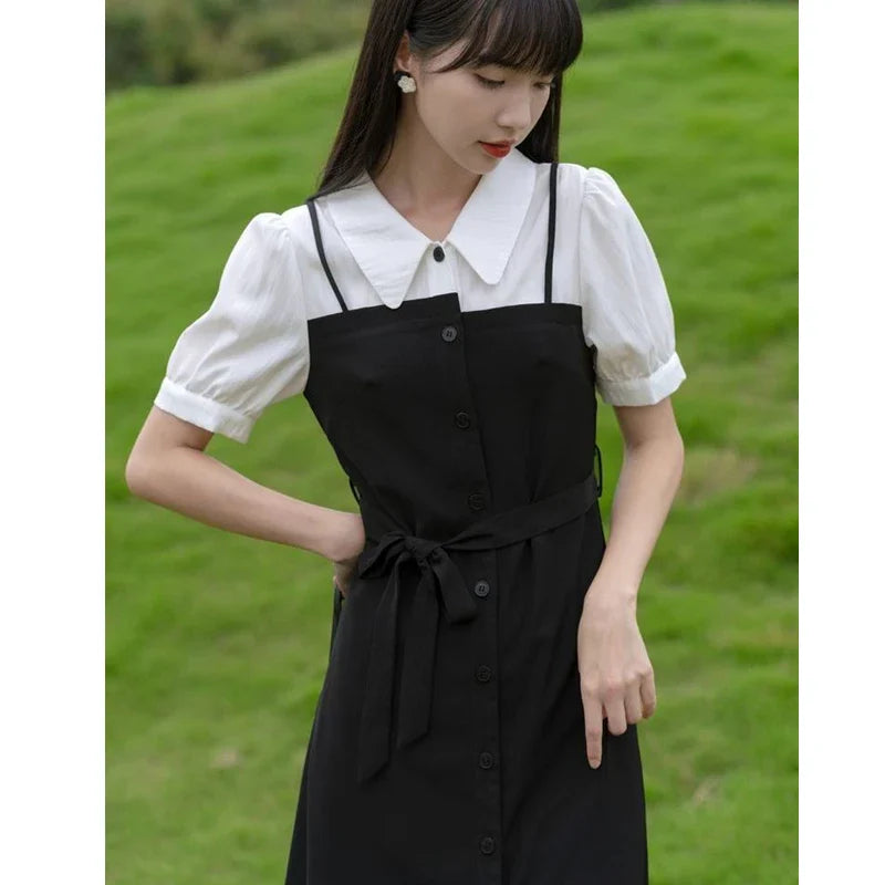 Summer Women's Graceful Patchwork Midi Dress Korean Preppy Style Student Fashion Fake Two Piece Overall Dresses Lady Clothing