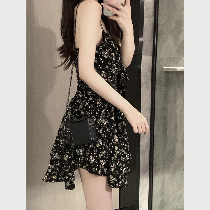 vmtvr Summer High Waist Spaghetti Strap Dress Women Korean Fashion Floral Casual Mini Dresses Y2K Female Elegant A Line Dress