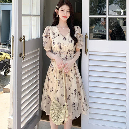 vmtvr 2024 New Green Floral Chiffon Puff Sleeve Midi Dress Summer Boho Elegant Bodycon Dress Women Korean Vintage Cheap Casual Dresses