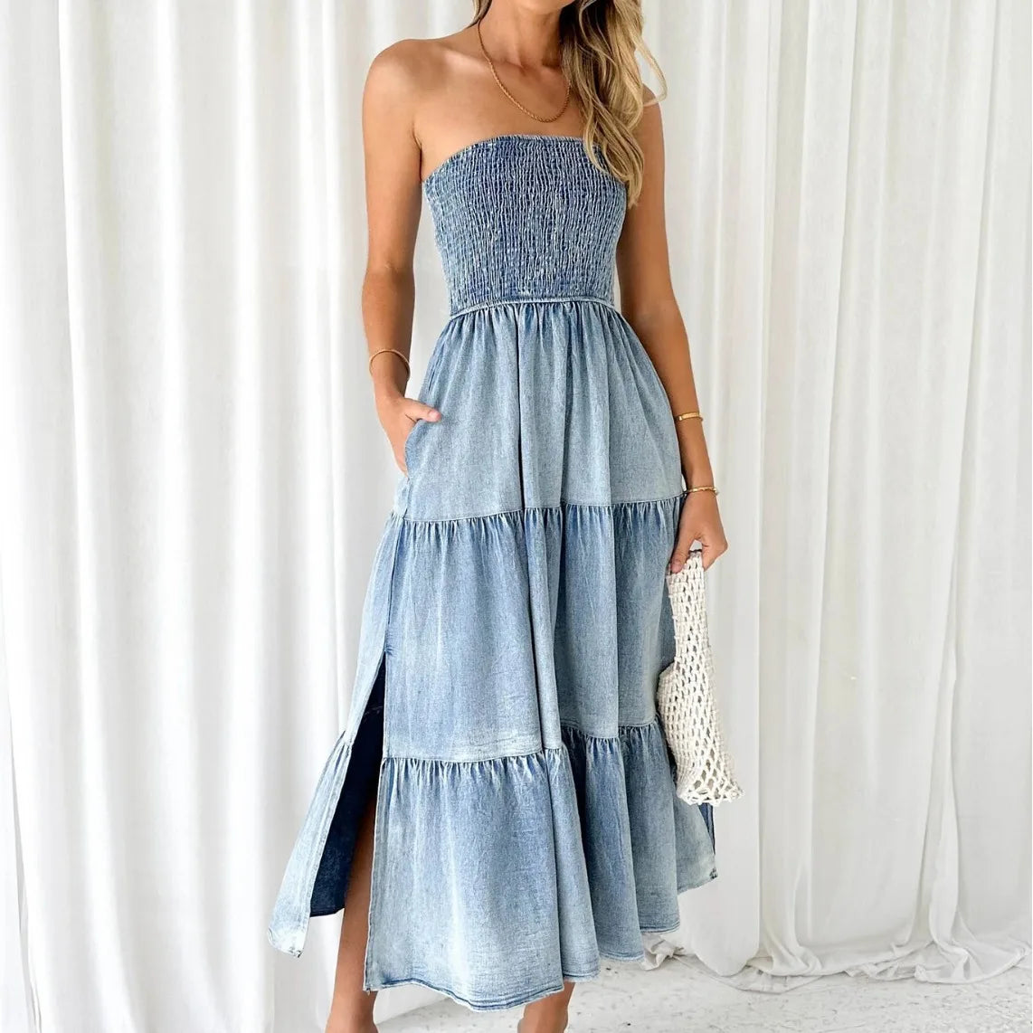 vmtvr  -  New Elegant Holiday Strapless Long Dress for Summer Vestidos Hem Stitching Side Split Fashion Women Denim Long Dress