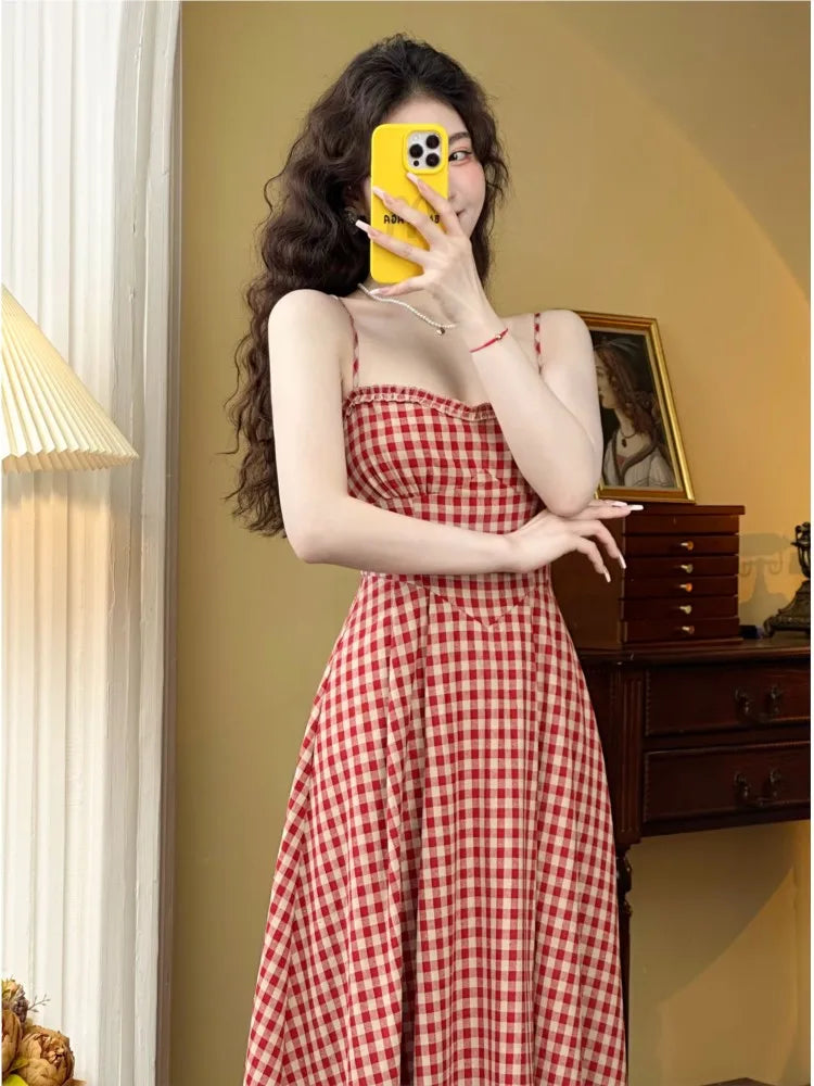 vmtvr Elegant Plaid Midi Dress Women French Vintage Spaghetti Strap A-line Spring Summer Holiday Beach Style Prom Robe Vestidos Mujer