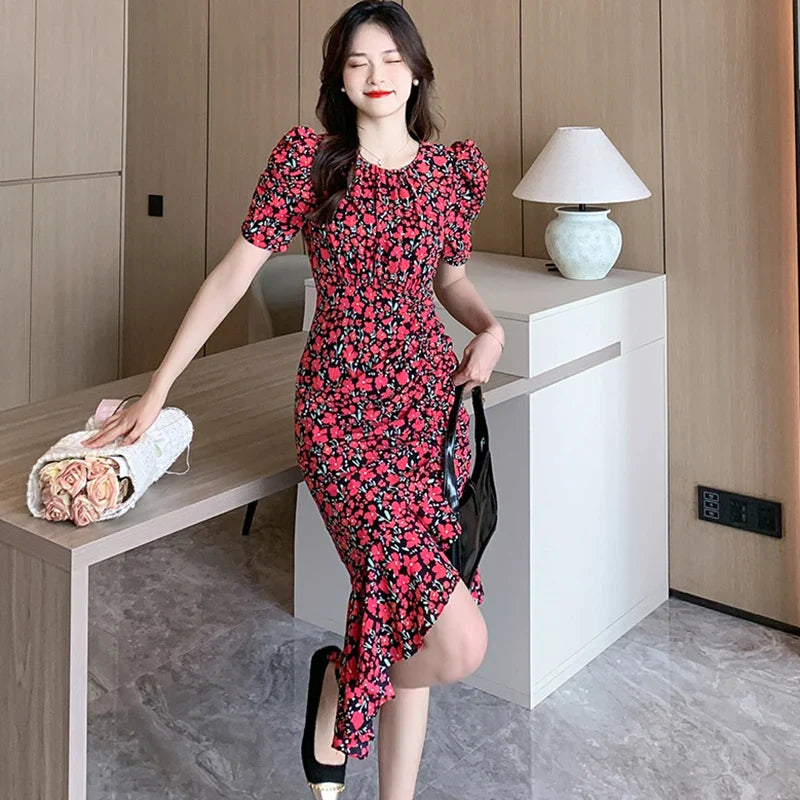 vmtvr Women Floral Chic Pleated Ruffled Mermaid Dress Summer Elegant Bodycon Bandage Dress 2024 Korean Casual Festival Evening Dresses