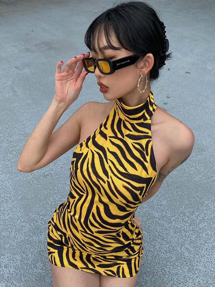 vmtvr Halter Sexy Dress Stripe Printed Bodycon Dress Summer Sleevless Mini Dress Club Female Outfit Streetwear Backless Dress