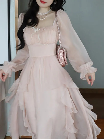 2024 Summer Pink Chiffon Vintage Fairy Dress Women Korean Style Elegant Party Midi Dress Female Court Retro Flare Sleeve Dresses