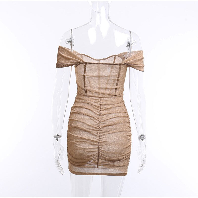 Women's Sexy Off Shoulder Tight Wrap Mini Dress Fashion Off Shoulder Pleated Hem Bodycon Dresses 2023 Female Party Club Dress