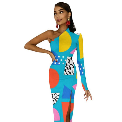 Memphis Retro Maxi Dress Long Sleeve Geometric Colorful Cute Bodycon Dress High Slit Streetwear Long Dresses Print Vestido