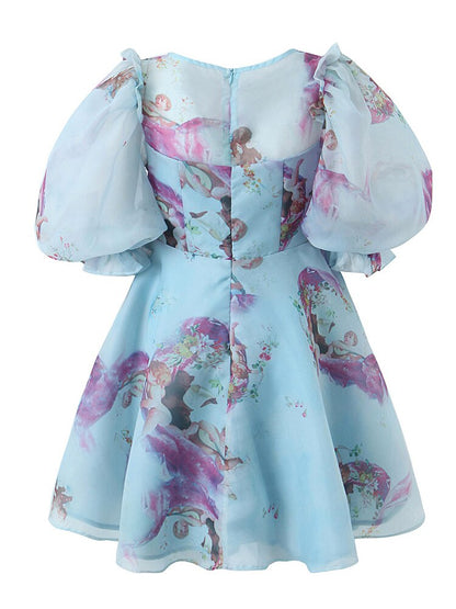 New Women Palace Style Floral Print Organza Dress Vintage Puff Sleeve Beautiful Girl Party Mini Robe Fairy Dress