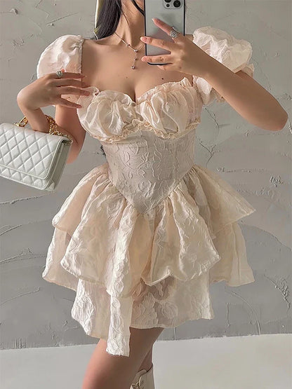 vmtvr  -  Sweet Hot Ruffles Princess Dresses For Women Puff Sleeve Slash Neck Off Shoulder Birthday Party Vintage One Piece Solid Vestidos