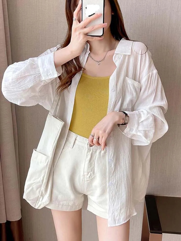 -Korean Style Shirt Women Summer  Sunscreen Blouse Ladies Ice Silk White ong Sleeve Sun Protection Cardigan Thin Coat