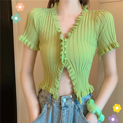 vmtvr Vintage Ruffles Women Knitted T Shirts Summer Korean Short Sleeve Crop Tops Button Up Sexy V Neck Cardigan Female Tees