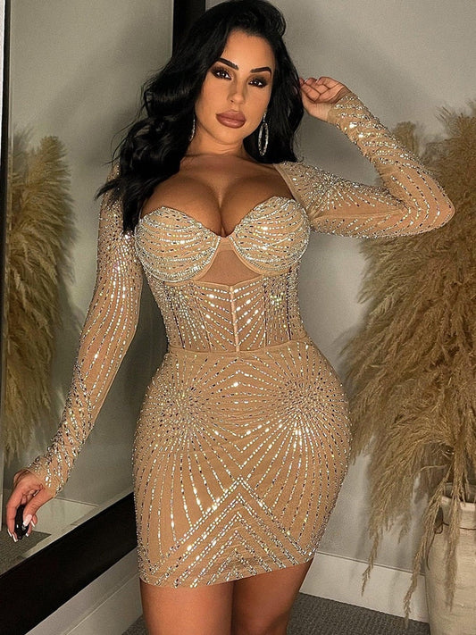 Luxury Geometric Black Rhinestone Short Party Dresses Robe Femme Women Elegant Sequin Bodycon Night Dress Sexy Clubwear