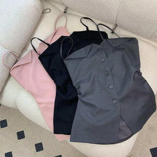 vmtvr Women Suit Tube Top Korean Fashion Streetwear Sexy Off Shoulder Vest Y2K All Match Female Buttons Cropped Camis Summer New