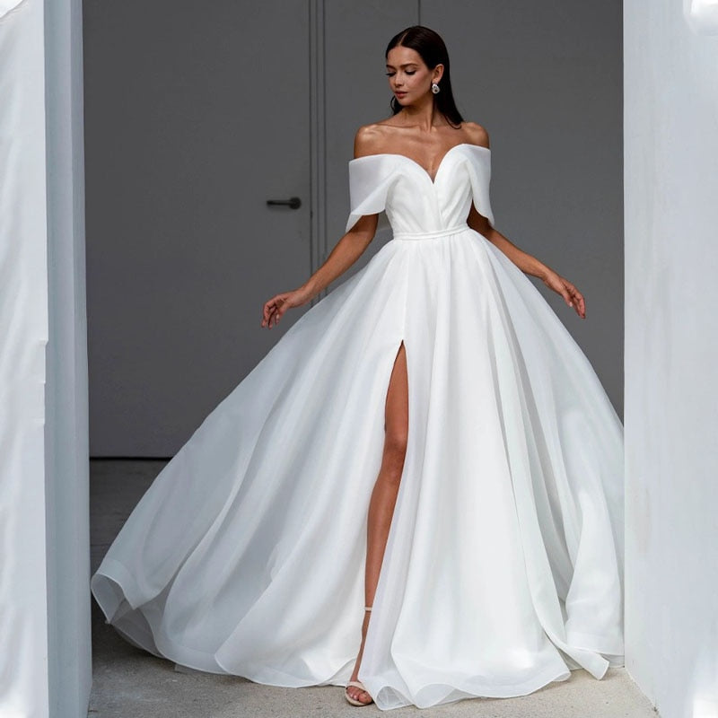 vmtvr - Gorgeous Off The Shoulder V-ncek Organza A Line Wedding Dresses Side Slit Back Bow  Boho Wedding Gowns Princess Robe de Mariee