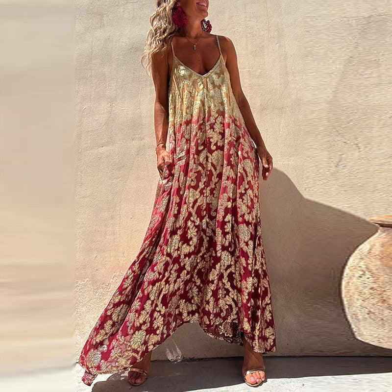 Vintage Casual Pattern Print Boho Long Dress Spring V Neck Tie-up Tassel Maxi Dress Women Big Backless Hollow Summer Beach Dress