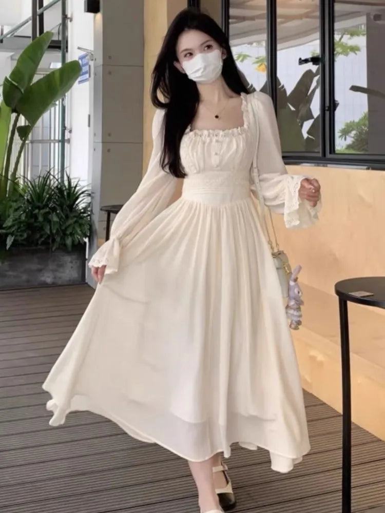 vmtvr Women French Princess Midi Dresses Summer Korean Lace Spliced Long Sleeve Vestidos New Fashion  Evening Solid Clothes