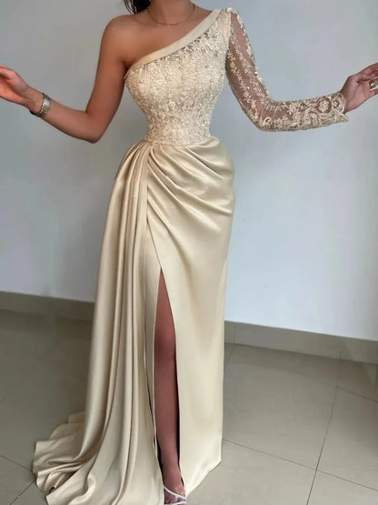 vmtvr  -   Sexy prom Dresses Lace Appliques Beads Illusion One Shoulder Evening Dress A Line Side Split Formal Party Gowns Long Sleeve