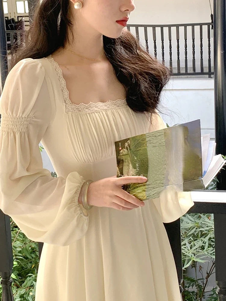 2024 Spring French Elegant Solid Midi Dress Woman Long Sleeve Fairy Party Dresses Casual One Piece Dress Korean Female Fashion