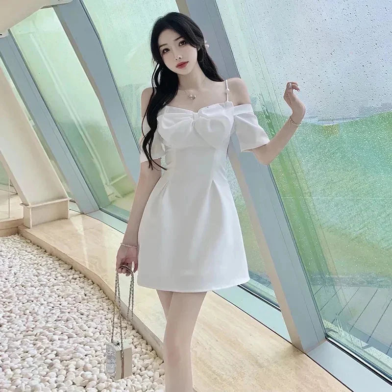 vmtvr Bow Sexy Slash Neck Dress Women Summer Korean Elegant White Mini Dress Fashion All Match Party Night Camis Vestidos