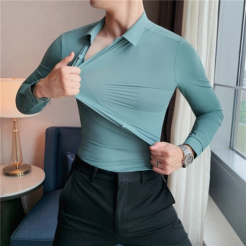 New High Elasticity Seamless Men's Shirt Long Sleeve Slim Casual Shirt Solid Color Business Formal Dress Party Shirts 4XL-M