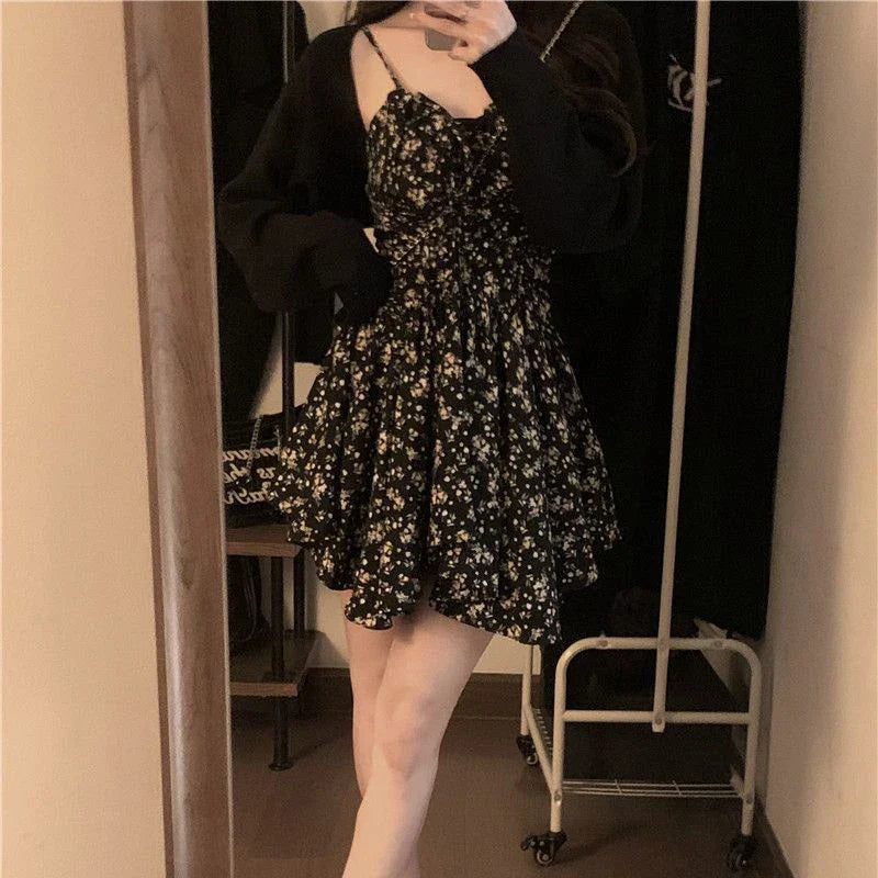 vmtvr Summer High Waist Spaghetti Strap Dress Women Korean Fashion Floral Casual Mini Dresses Y2K Female Elegant A Line Dress