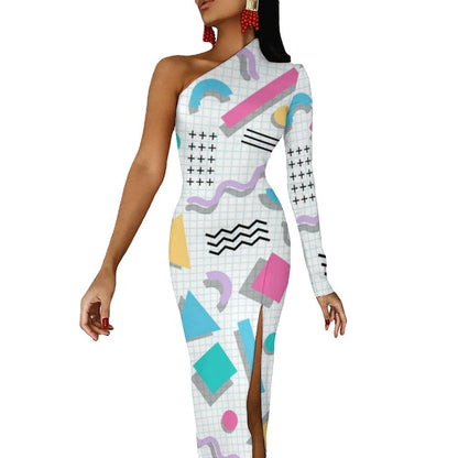 Memphis Retro Maxi Dress Long Sleeve Geometric Colorful Cute Bodycon Dress High Slit Streetwear Long Dresses Print Vestido