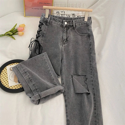 vmtvr Y2K Women Lace Up Jeans Summer All Match Streetwear Female Ripped Denim Trousers American Retro Loose Wide Leg Pants New