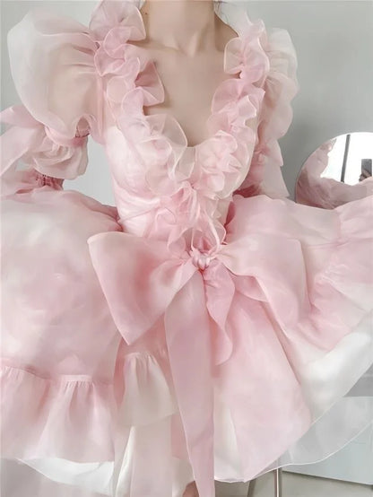 vmtvr  -  Spring Fashion New Escaping Princess Dress Vintage Sweet Girl Skirt Lolita Dresses Women Beautiful Pink Dress