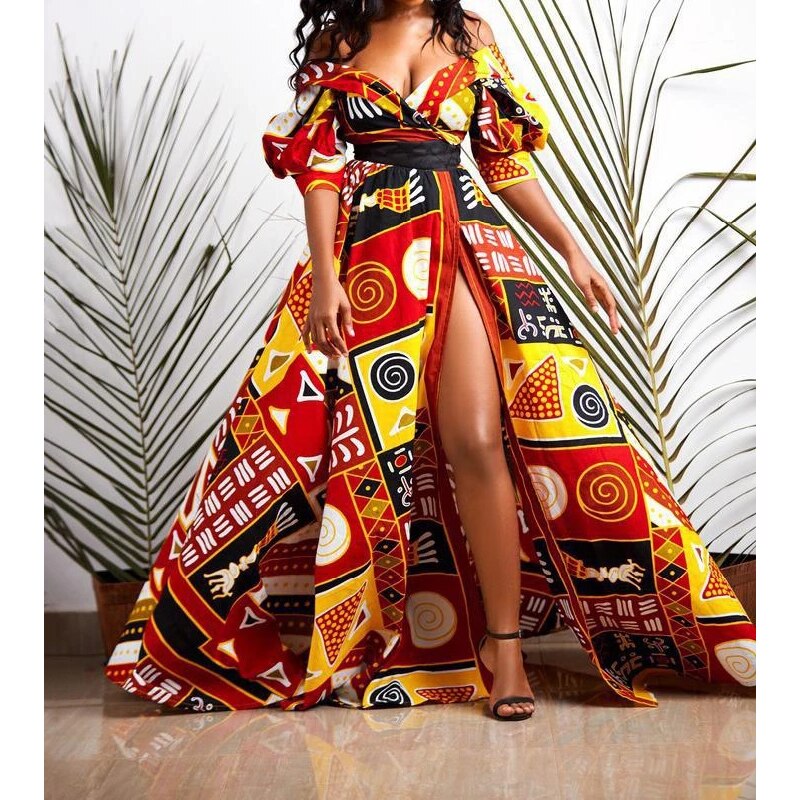 vmtvr Dashiki Print Ankara Dresses African Women Clothes Summer Bohe Sexy V-neck Backless Slit Maxi Dress Kanga Clothing Plus Size