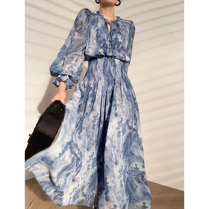 vmtvr  -  French Style Elegant Print Dress for Women Summer Fashion Chic Long Sleeve Lace-up Female Dress Temperament Midi Dresses