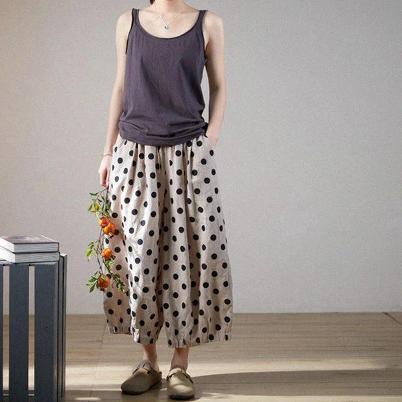 vmtvr Cotton Linen Wide Leg Pants Women Dot Print Bloomers Pants Summer Japanese Oversized Loose Casual Ankle-Length Trousers