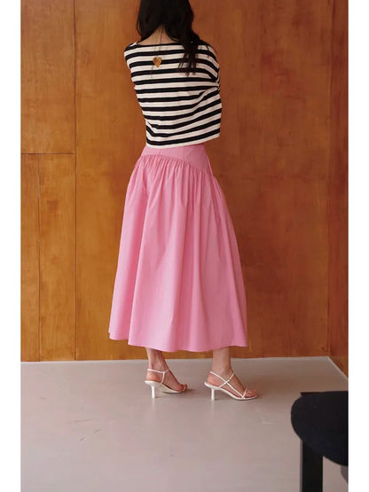 vmtvr Pleated Design High Waist Skirt For Women Solid Color A-line Office Lady Loose Skirts Summer New