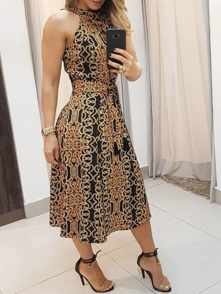 vmtvr Women Fashion Clubwear Elegant Sexy Dress Club  Sleeveless Baroque Print Sleeveless Midi Dress