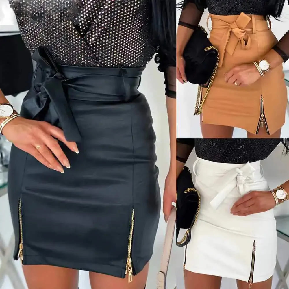 vmtvr 2024 New Sexy Women's PU Leather Skirt Spring Summer Front Split Pencil Midi Skirts Elegant High Waist Sheath Skirts