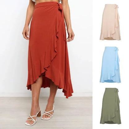 vmtvr Elegant Summer High Waist Skirts For Women Fashion Irregular Ruffle A-line Tie-up Warp Skater Beach Holdiay Sunscreen Clothing