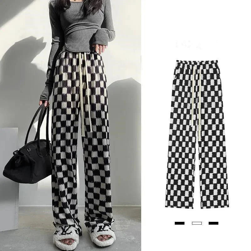 vmtvr Koreon Harajuku Casual Women Plaid Pants Spring Summer Thin Elastic High Waist Streetwear Fashion Loose Sports Straight Trousers