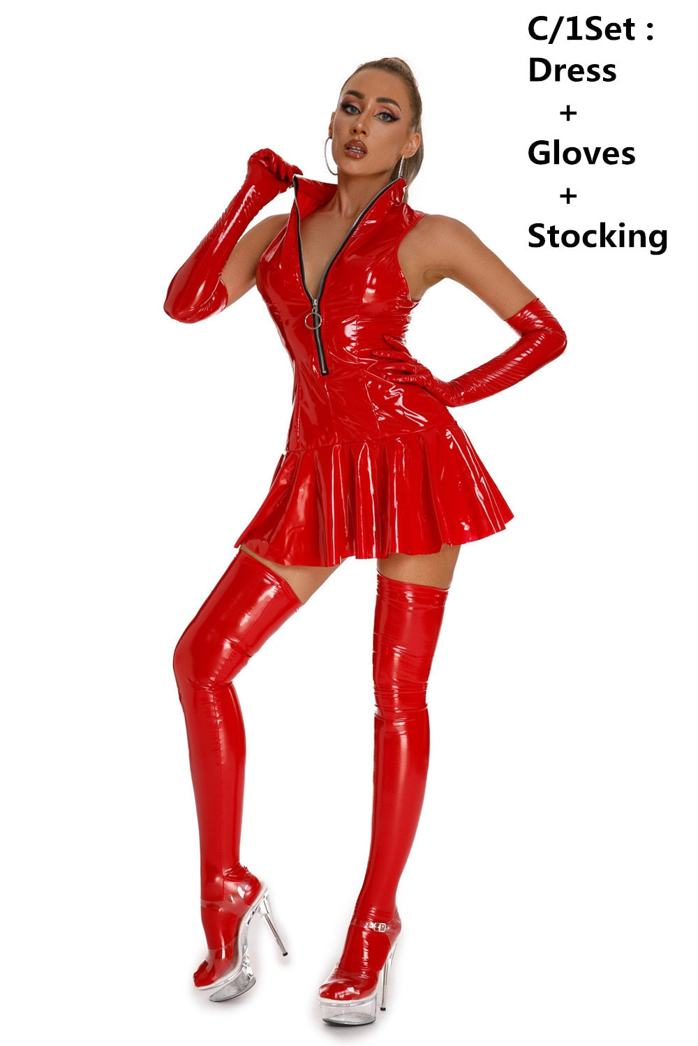 Sexy Womens Dress Clubwear Wetlook Latex Bodycon Costume Glossy Zipper Wet Look Pu Leather Sleeveless Pleated Dresses