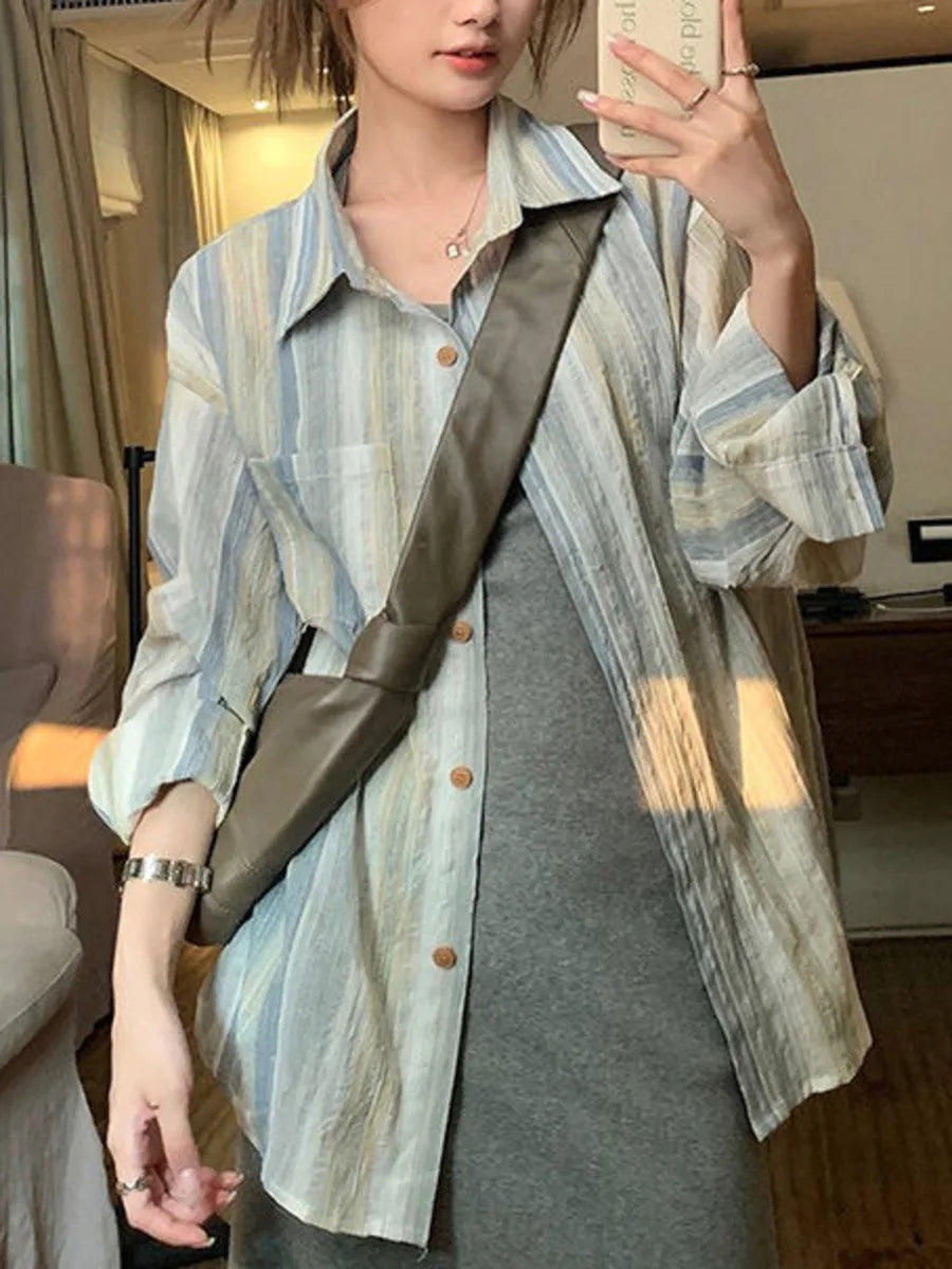 vmtvr Summer Striped Shirts Women Sun Protection Cardigan Top Vintage Ulzzang Chic Unisex Loose Fashion Streetwear Breathable Harajuku