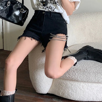 vmtvr Summer Harajuku Chain Denim Shorts Fashion High Waist Hollow Out Shorts Women Jeans Casual A-line Pants Sexy Streetwear Shorts