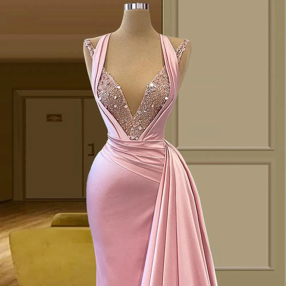 vmtvr  - Pink Mermaid Evening Dresses Dubai Sleeveless Party Lace Sequins Women Prom Dress Middle East Sweep Train Custom Evening Dress