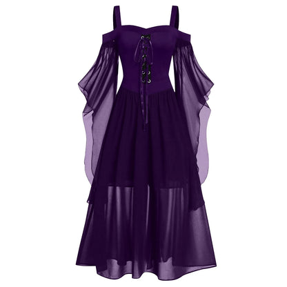 vmtvr  -  New Medieval Witch Dress For Women Halloween Carnival Women Plus Size Cold Shoulder Butterfly Sleeve Halloween Gothic Dress