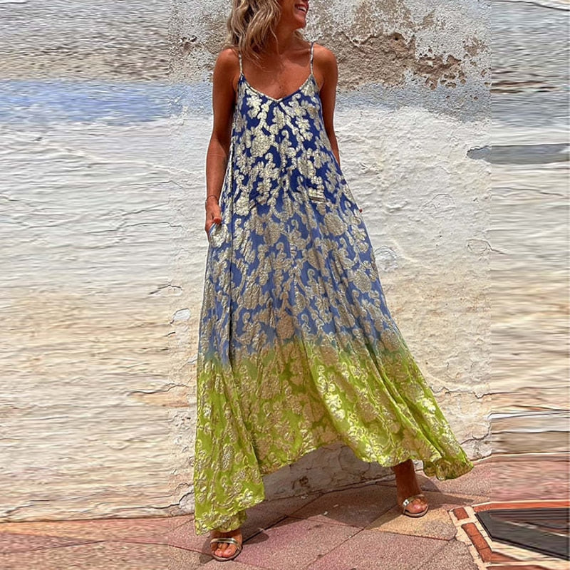 Vintage Casual Pattern Print Boho Long Dress Spring V Neck Tie-up Tassel Maxi Dress Women Big Backless Hollow Summer Beach Dress