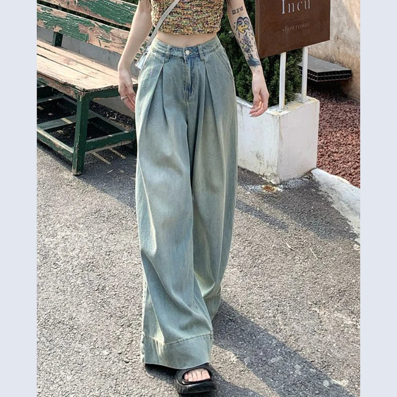 vmtvr Y2K Fashion High Waist Jeans Women Summer Casual Loose Straight Trousers Korean All Match Female Streetwear Wide Leg Pants