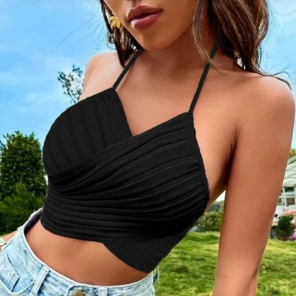 vmtvr Summer Women Sexy Cross Halter Knitting Camis New Fashion Female Clothing Black White Contrast Sweet Short Crop Top Tanks