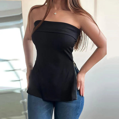 vmtvr Chic Sexy Both Side Zipper T-shirt for Women 2024 Spring Strapless Draped Tops Pullover Summer Off Shoulder Backless Hollow Tees