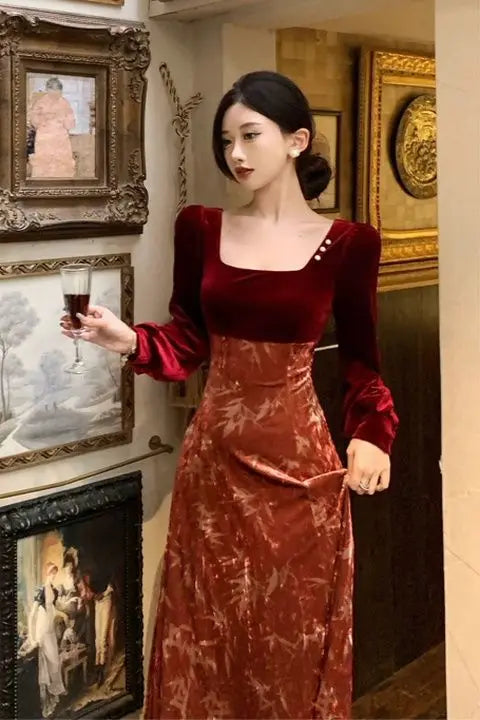 vmtvr Winter Vintage Velvet Long Dress Women Patchwork Elegant Slim Long Sleeve Fairy Dress Female Casual Office Lady Party Dress