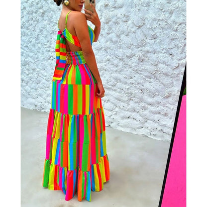 Sexy Women Colorblock V-Neck Spaghetti Strap Tie Detail Maxi Dress Summer Casual Ruched Shirring Waist New in Elegant Outfits