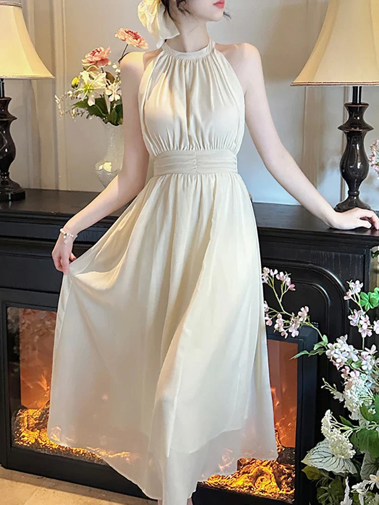 vmtvr 2024 New White Sleeveless Sexy Neck-mounted Long Dress Women Elegant Luxury Dress Gown Summer Korean Bodycon Dance Party Dresses