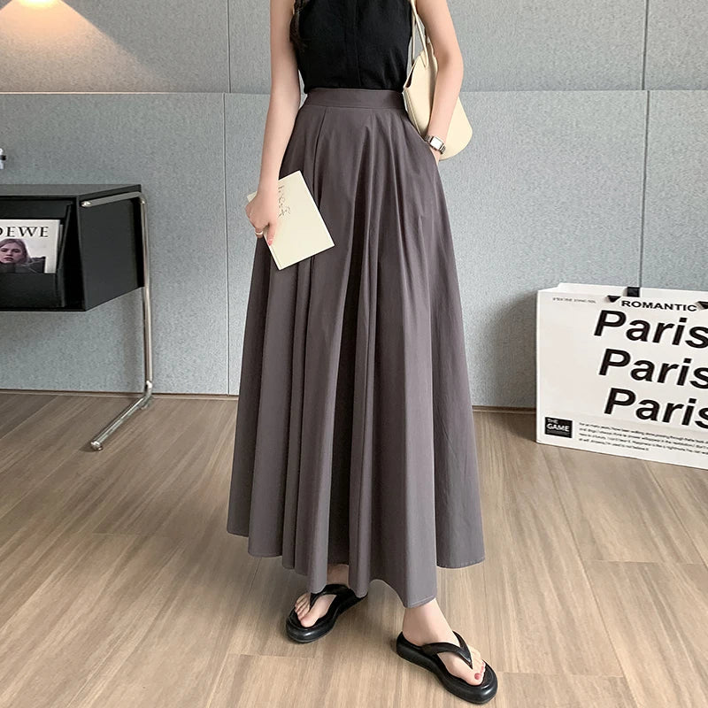 vmtvr Elegant Women Pleated White Pockets Long Skirts Office Ladies Casual Loose High Waist Midi Skirt 2024 Spring Summer